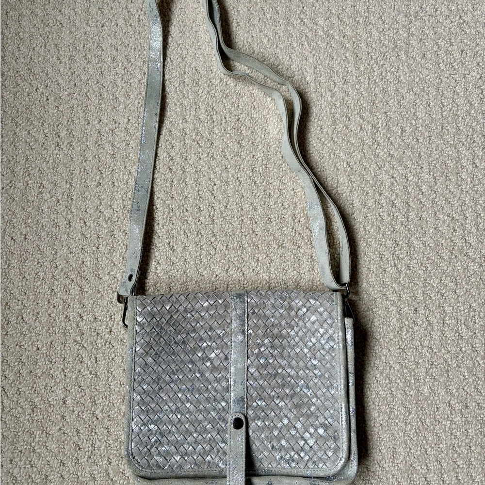 Silver and Cream Woven Crossbody Bag with Adjustable Strap